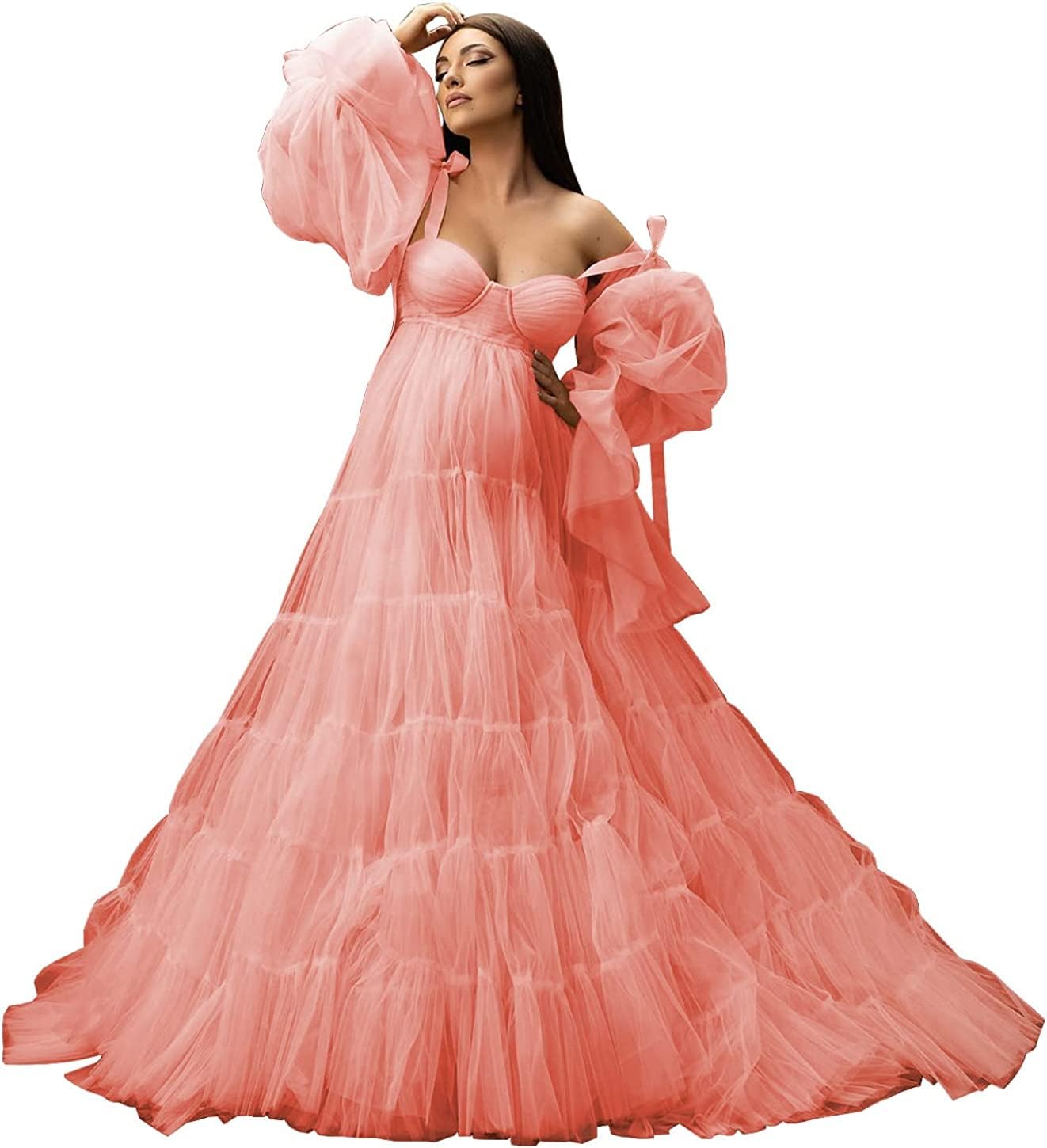 Womens Tulle Robe Maternity Dress for Photoshoot Off Shoulder Bridal Lingerie Maternity Gowns for Babyshower
