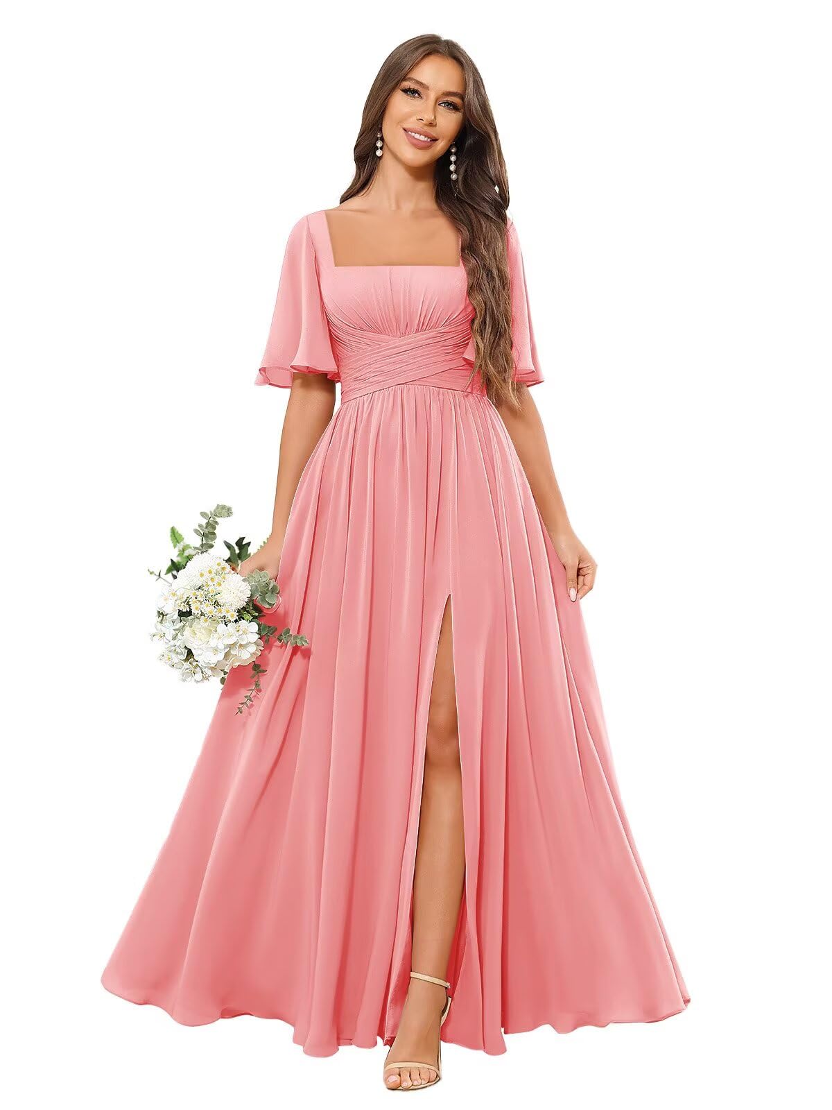 Square Neck Bridesmaid Dresses with Slit Pockets Flutter Sleeve Long Chiffon Formal Wedding Guest Dress