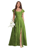 Floral Bridesmaid Dresses for Women Long A-Line Square Neck Lace Formal Evening Gown with Sleeves Slit