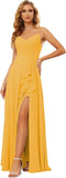 Vestidos de dama de honor largos de gasa con tirantes finos y bolsillos, vestidos formales con volantes y abertura para mujer 