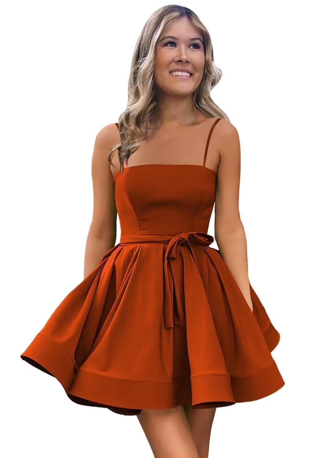 Women’s Short Satin Spaghetti Straps Formal Homecoming Dresses A Line Corset Puffy Prom Gown with Pockets for Teens