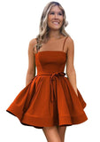 Women’s Short Satin Spaghetti Straps Formal Homecoming Dresses A Line Corset Puffy Prom Gown with Pockets for Teens