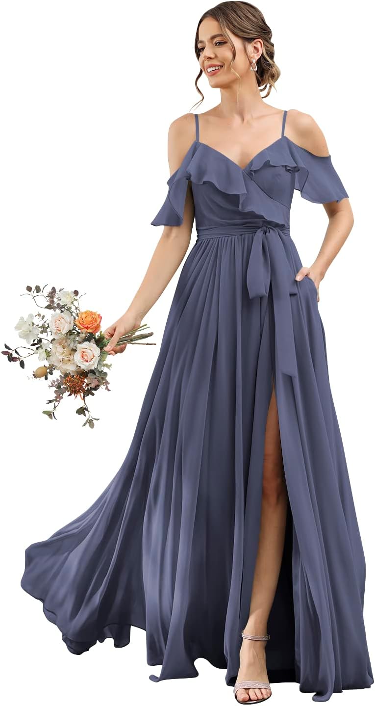 Women's Bridesmaid Dresses with Slit Long Cold Shoulder Chiffon Formal Party Dress with Pockets