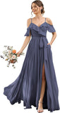 Women's Bridesmaid Dresses with Slit Long Cold Shoulder Chiffon Formal Party Dress with Pockets