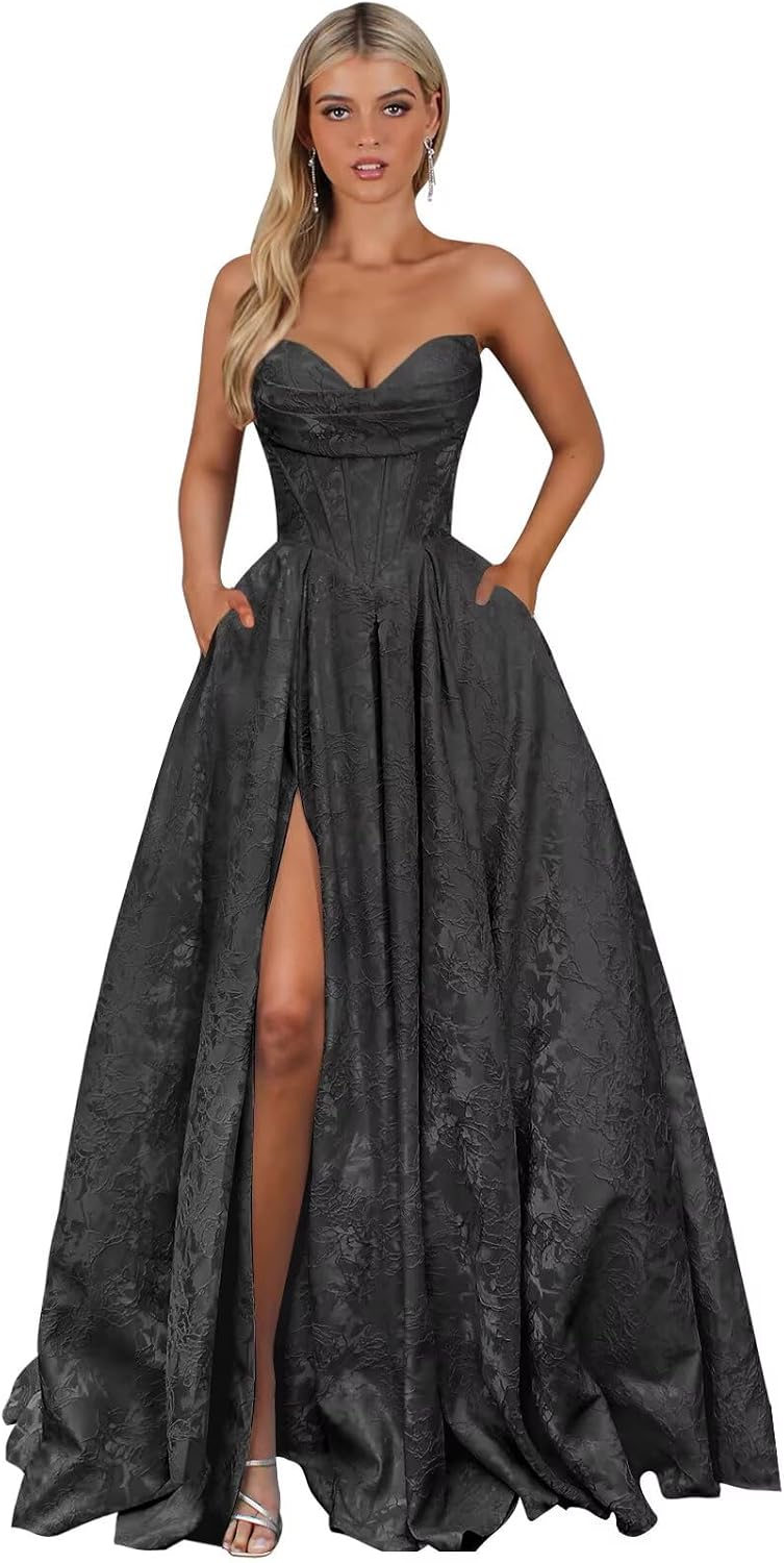 Strapless Jacquard Satin Prom Dresses for Women Corset A Line Long Formal Evening Party Gowns with Slit