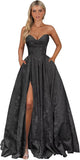 Strapless Jacquard Satin Prom Dresses for Women Corset A Line Long Formal Evening Party Gowns with Slit