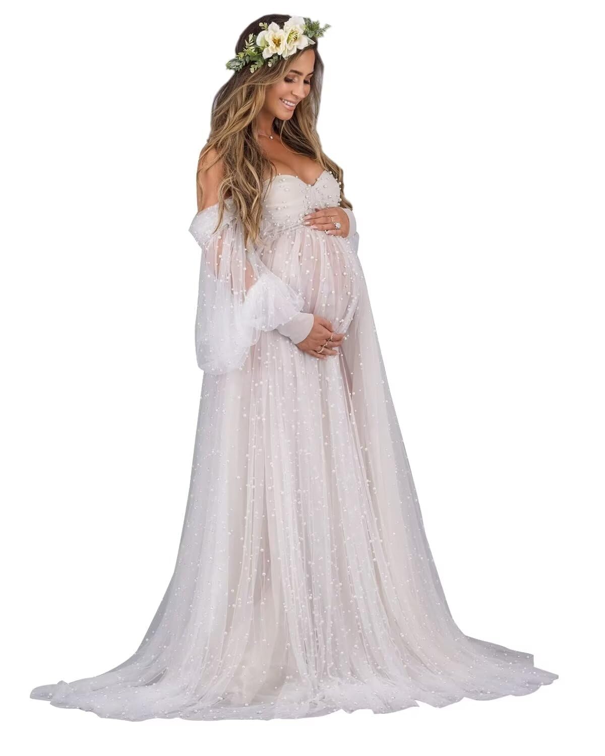 Kingbridal Pearl Tulle Maternity Dress for Photoshoot Long Puffy Sleeve Pregnancy Gown