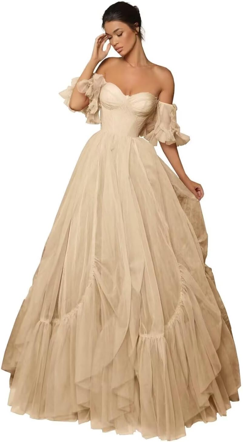 A-line Ruffled Short Sleeve Tulle Prom Dress for Women, Sweetheart Formal Gown Off The Shoulder Long Party Dress
