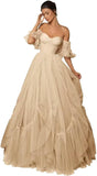 A-line Ruffled Short Sleeve Tulle Prom Dress for Women, Sweetheart Formal Gown Off The Shoulder Long Party Dress
