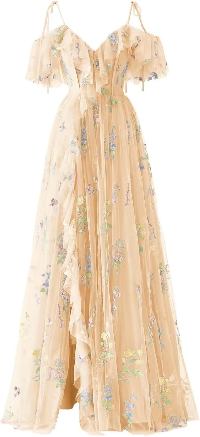 Vestidos de fiesta de tul con bordado floral para mujer, tirantes finos, largos, formales, de noche, 2024 
