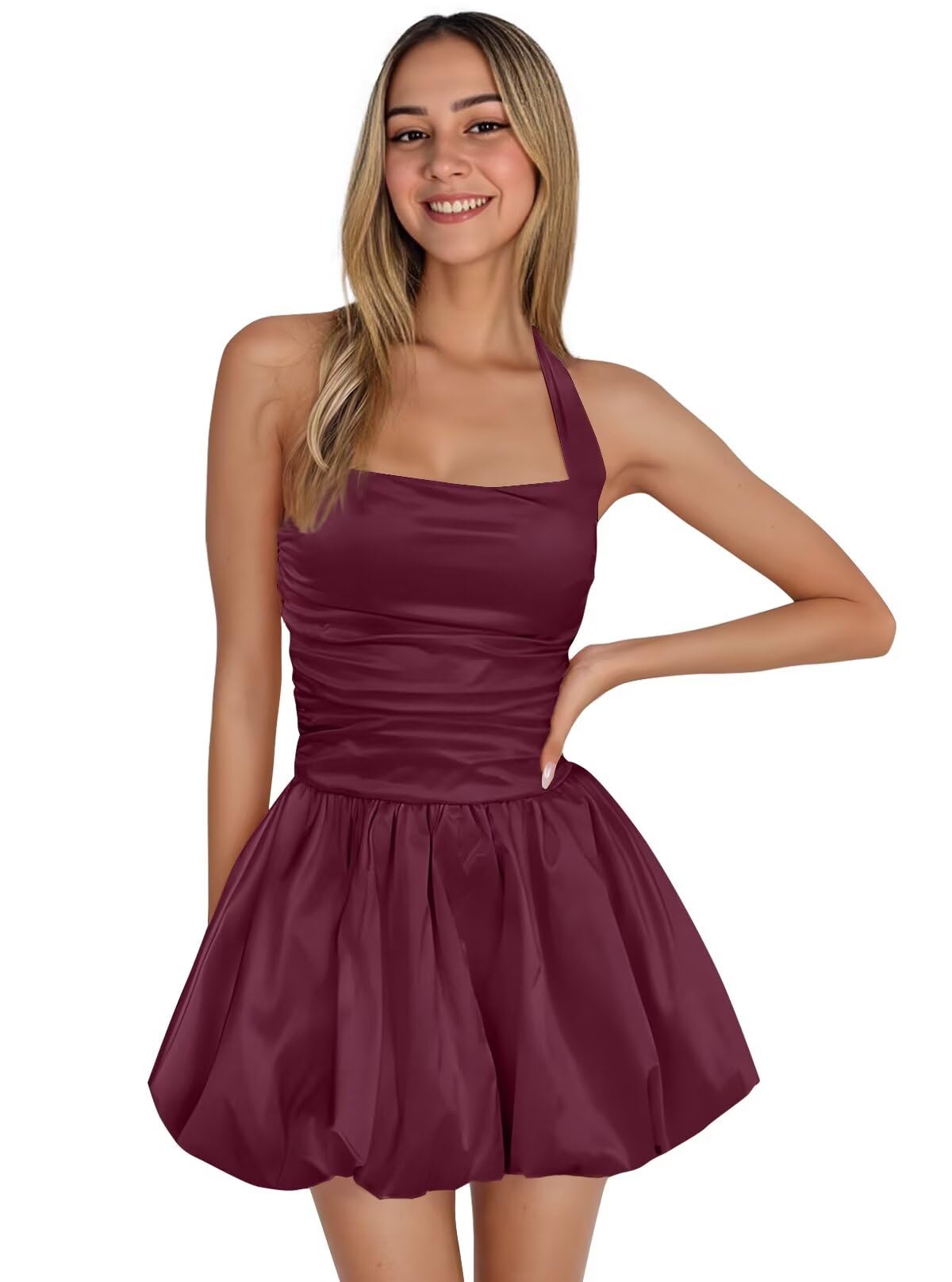 Satin Halter Homecoming Dresses for Teens Short Prom Dress 2027 Flower Bud Ruched Formal Cocktail Gown with Pockets