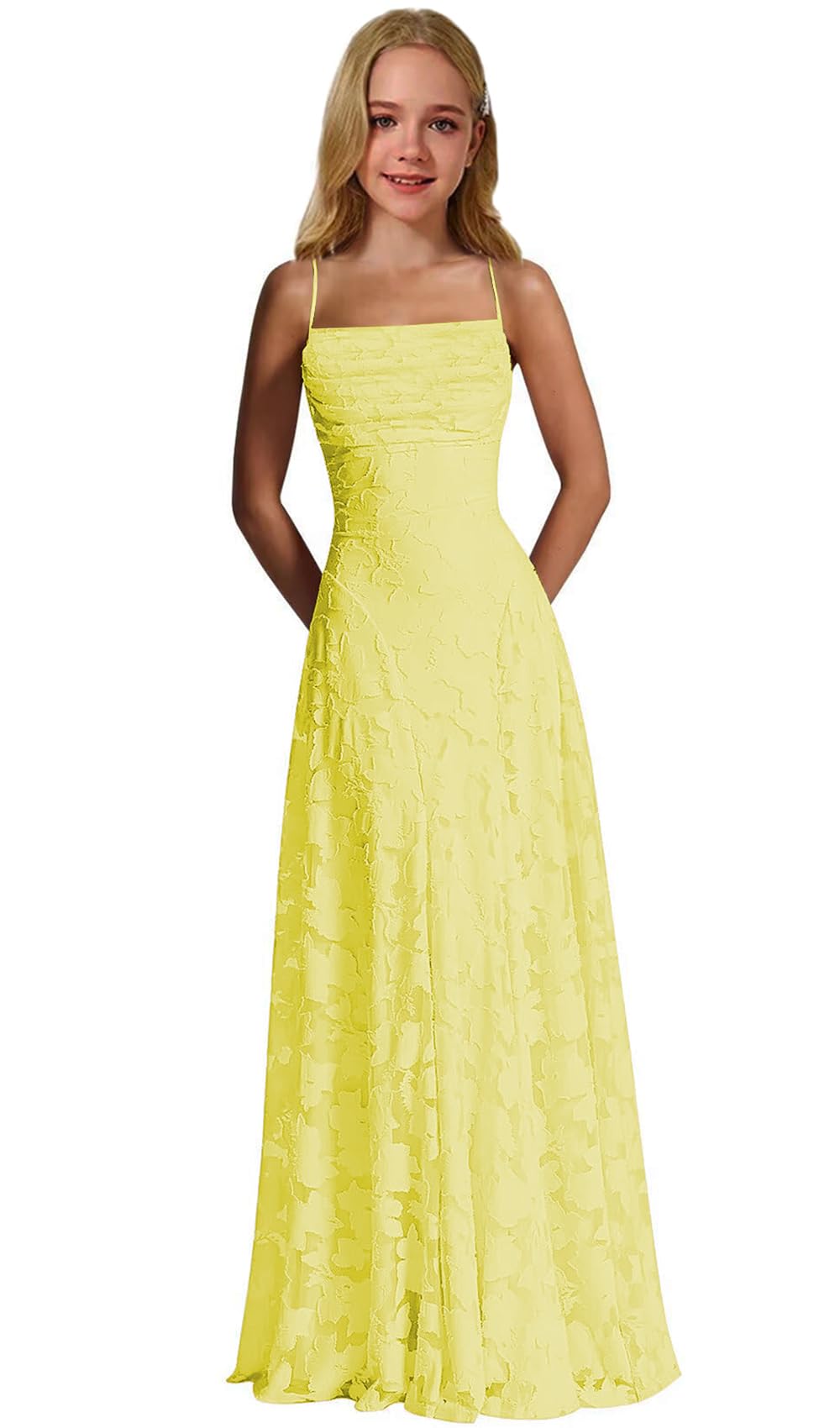 Lace Floral Junior Bridesmaid Dresses Long Spaghetti Strap Prom Dress for Teens Formal Gown Flower Girls Dress