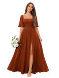 Square Neck Bridesmaid Dresses with Slit Pockets Flutter Sleeve Long Chiffon Formal Wedding Guest Dress