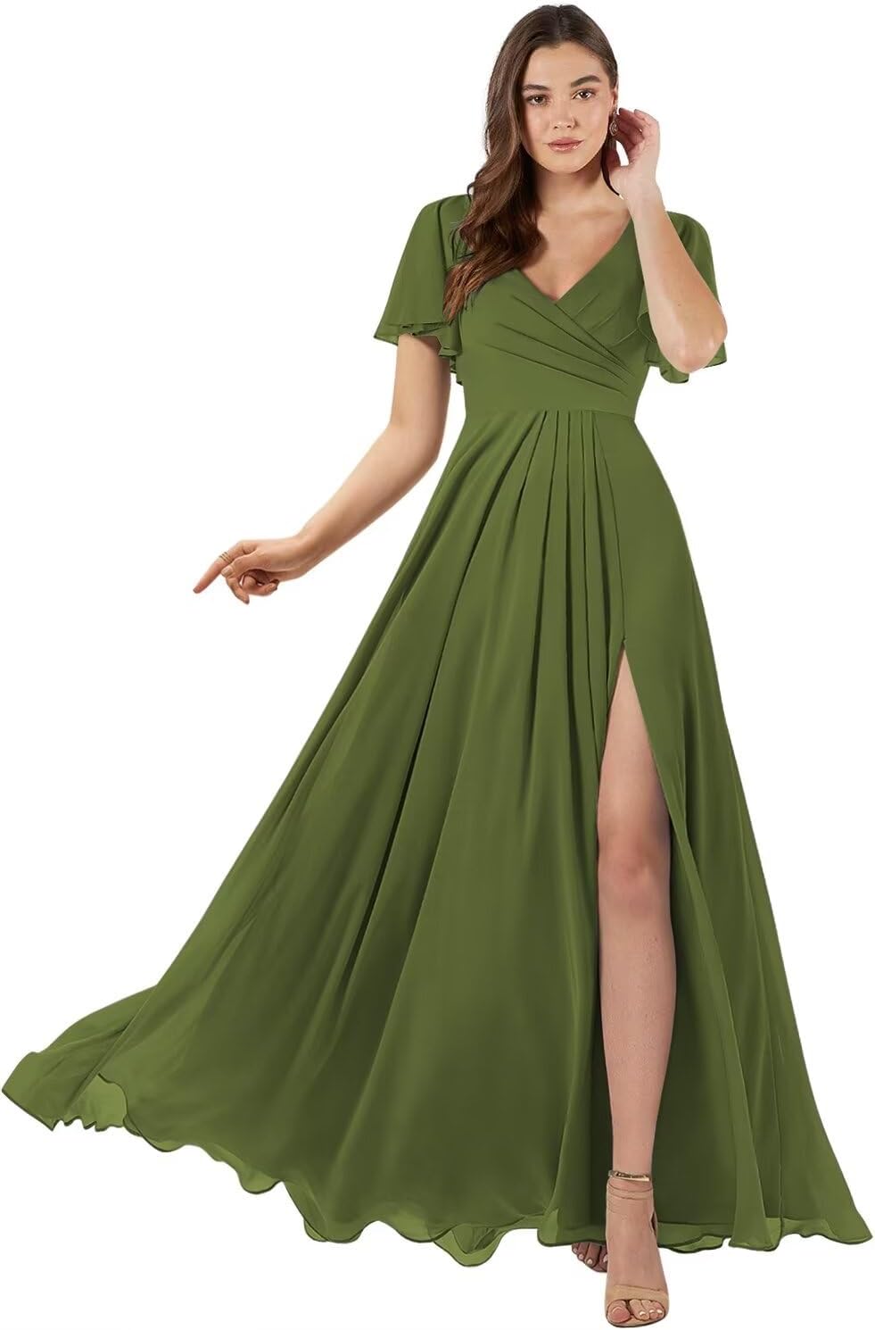 Damen Brautjungfernkleider mit Flatterärmeln, lang, mit Schlitz, V-Ausschnitt, Chiffon, formelle Kleider 