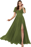 Damen Brautjungfernkleider mit Flatterärmeln, lang, mit Schlitz, V-Ausschnitt, Chiffon, formelle Kleider 