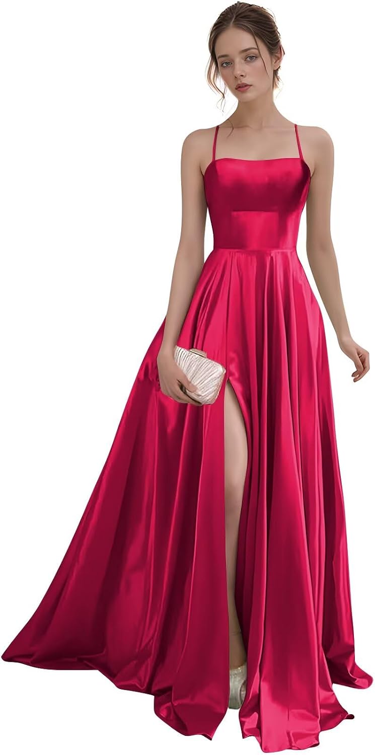 Women's Satin Prom Dresses with Slit Strapless A Line Corset Ball Gowns Spaghetti Straps Formal Evening Gowns with Pockets