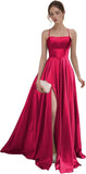 Women's Satin Prom Dresses with Slit Strapless A Line Corset Ball Gowns Spaghetti Straps Formal Evening Gowns with Pockets