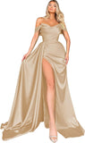 Women's Off Shoulder Mermaid Prom Dresses Long with Slit Pleates Wrap Satin Formal Evening Gowns
