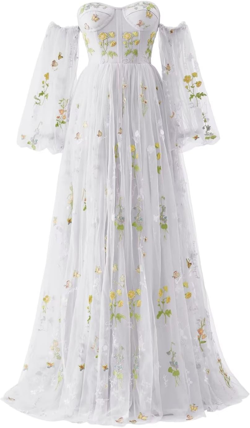 Vestidos de fiesta de tul con bordado de flores para mujer, 2024, largos, con hombros descubiertos, formales, para noche 