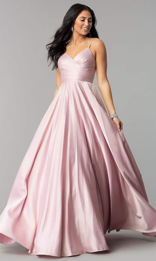 Spaghetti Straps Satin Prom Dresses for Women Long with Pockets Pleated Formal Evening Gowns