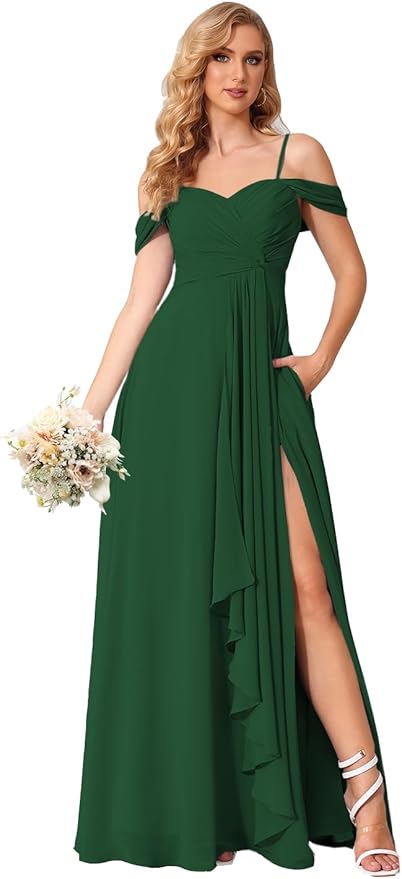 Damen Schulterfreies Brautjungfernkleid Lang mit Schlitz Chiffon Rüschen Falten Formales Partykleid 