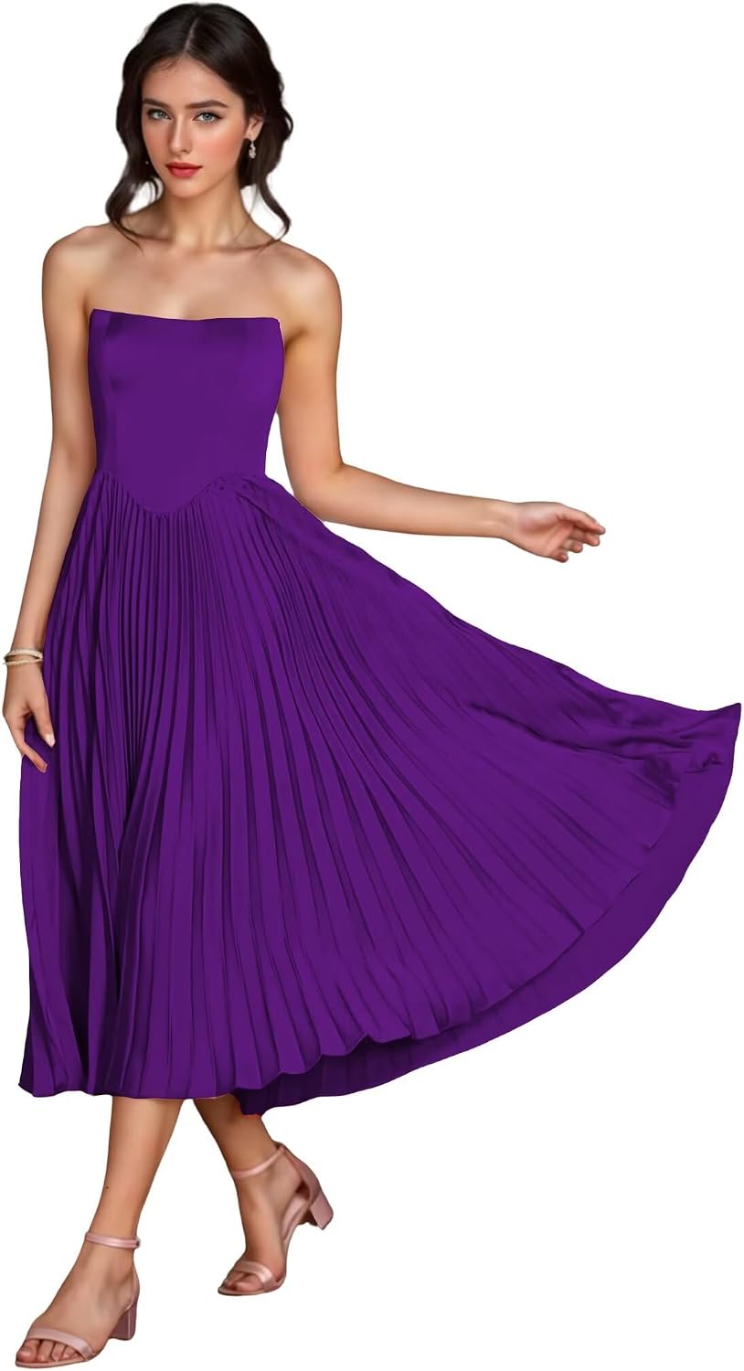 Women's Strapless Bridesmaid Dresses for Womens Tea Length Ruffle Satin Formal Prom Dress