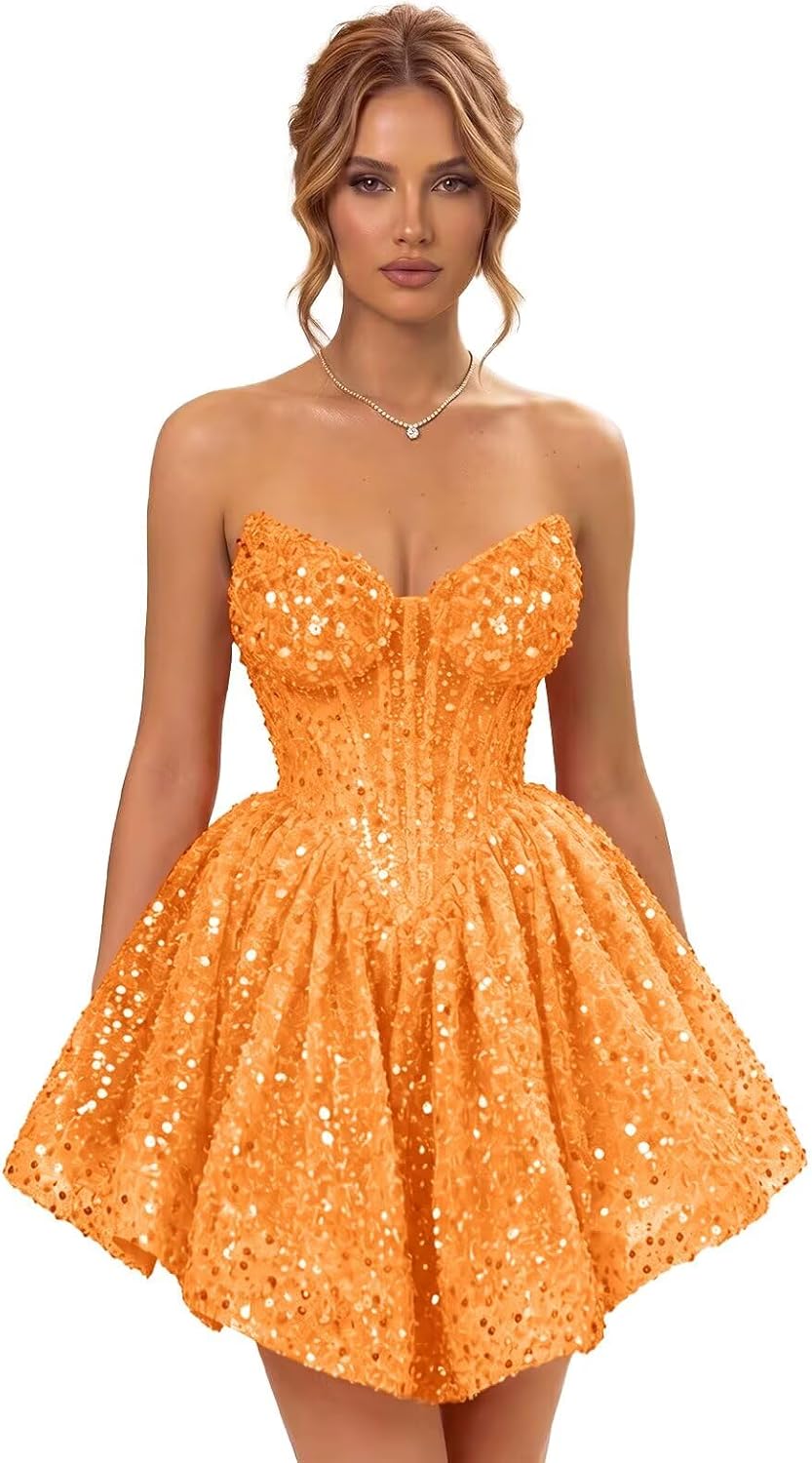 Strapless Sequin Homecoming Dresses for Teens 2026 Sparkly A-line Short Prom Dress Corset Cocktail Party Gowns