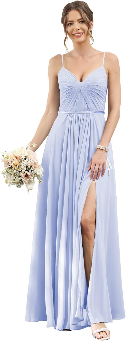 Vestidos de dama de honor largos con tirantes finos y bolsillos, plisados, formales, de noche, con abertura 
