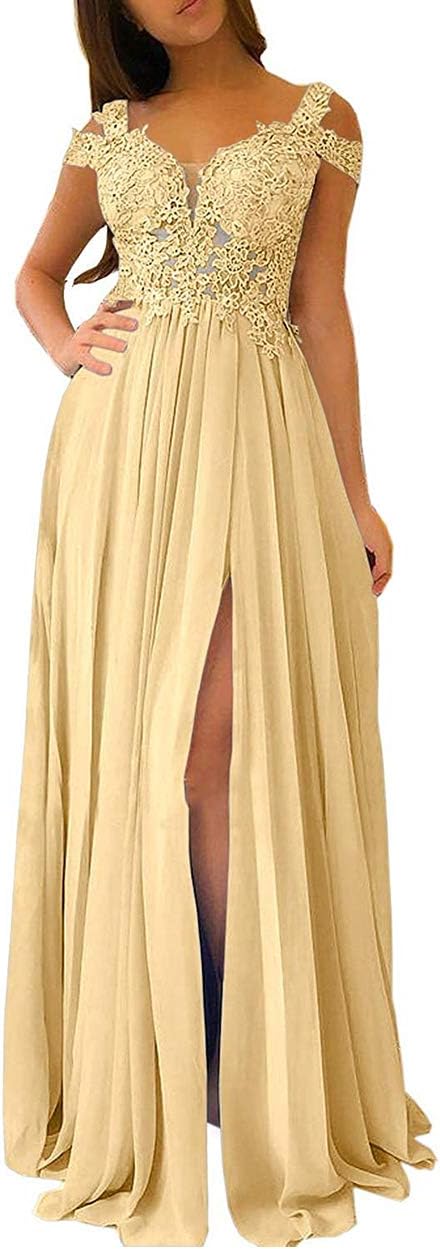 Women's Lace Appliques Prom Dresses Long with Slit Cold Shoulder Formal Party Gown