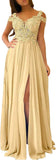 Women's Lace Appliques Prom Dresses Long with Slit Cold Shoulder Formal Party Gown
