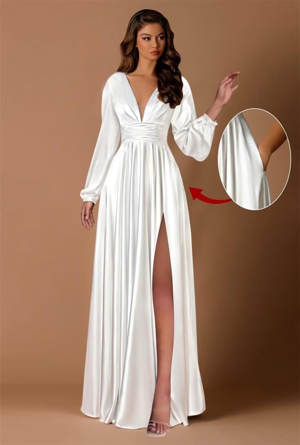 Kingbridal Gowns Long Sleeve Satin Bridesmaid Dresses for Women Long A-Line V-Neck Pleated Formal Evening Party Ball Gown with Slit