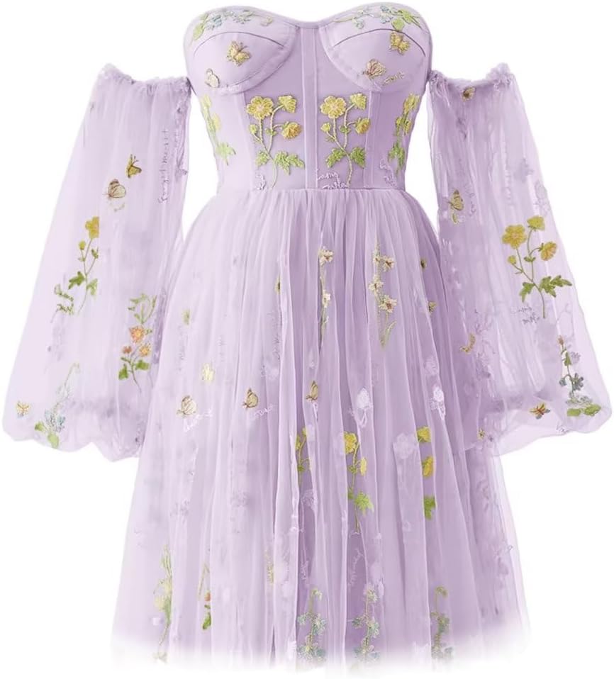 Vestidos de fiesta para mujer, cortos, con hombros descubiertos, bordados florales, de tul, formales, para fiesta de graduación 