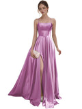 Women's Satin Prom Dresses with Slit Strapless A Line Corset Ball Gowns Spaghetti Straps Formal Evening Gowns with Pockets