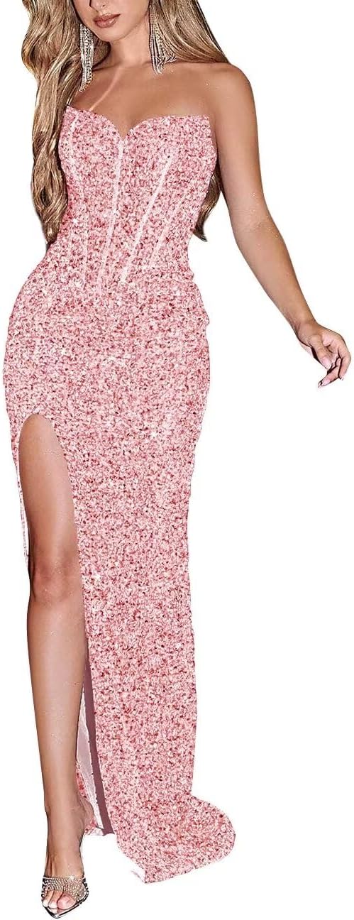 Sparkly Sequin Prom Dresses for Women 2025 Long Mermaid Strapless Glitter Formal Evening Prom Ball Gown with Slit