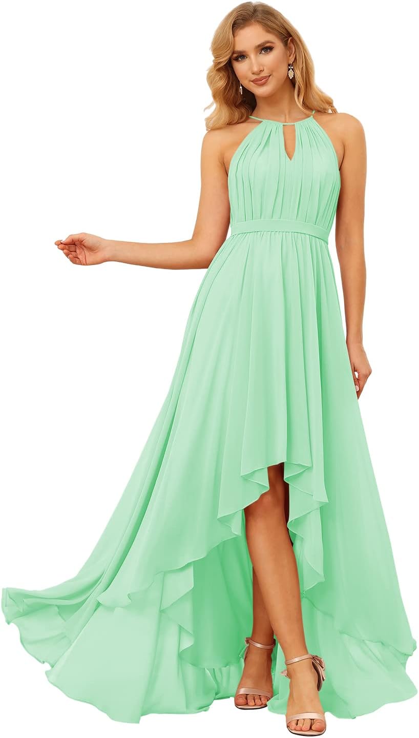 Damen Neckholder Brautjungfernkleider Lang mit Taschen High-Low Falten Formelles Kleid für Hochzeit 