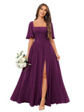 Square Neck Bridesmaid Dresses with Slit Pockets Flutter Sleeve Long Chiffon Formal Wedding Guest Dress