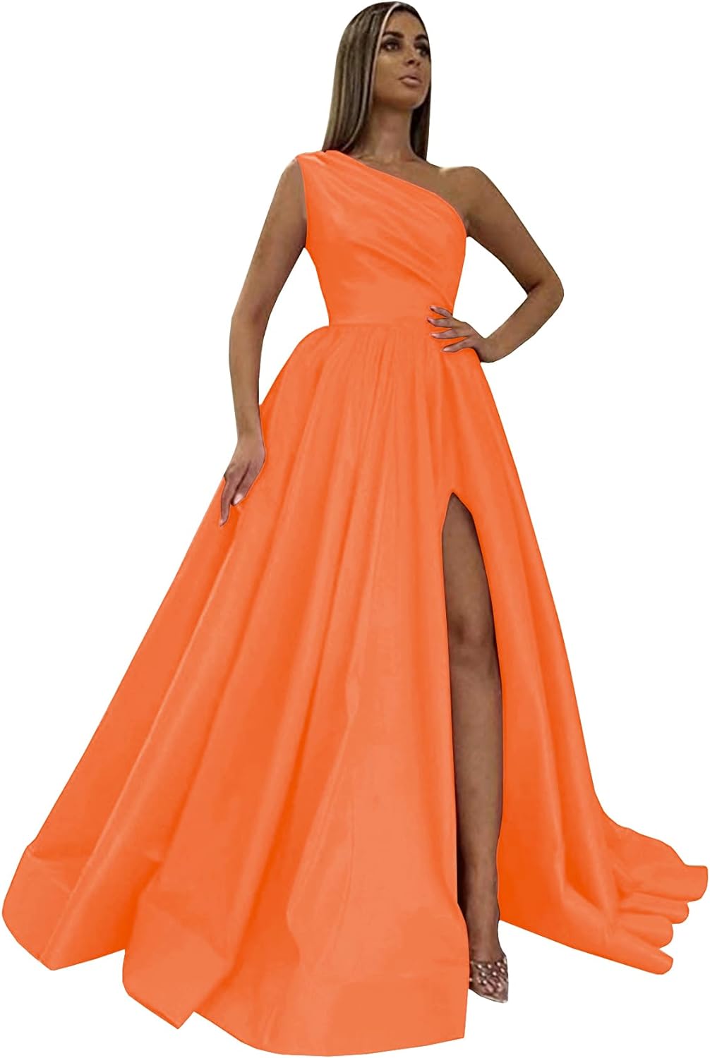 Women's One Shoulder Prom Dresses 2026 Long Slit Satin Formal Evening Gowns with Pockets