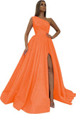Women's One Shoulder Prom Dresses 2026 Long Slit Satin Formal Evening Gowns with Pockets