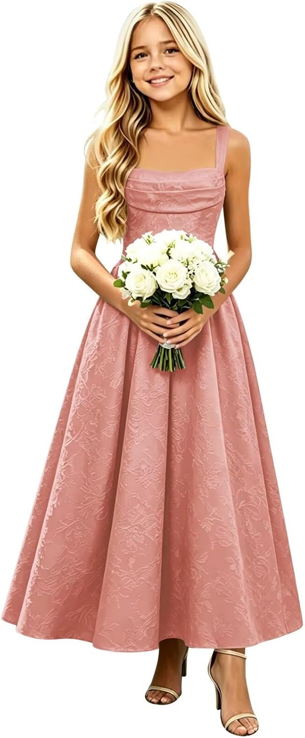 Girls Floral Satin Jacquard Junior Bridesmaid Dresses Long Ruched Flower Girl Dress for Wedding