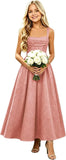 Girls Floral Satin Jacquard Junior Bridesmaid Dresses Long Ruched Flower Girl Dress for Wedding
