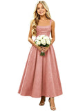 Floral Satin Jacquard Junior Bridesmaid Dresses Long Ruched Flower Girl Dress for Wedding