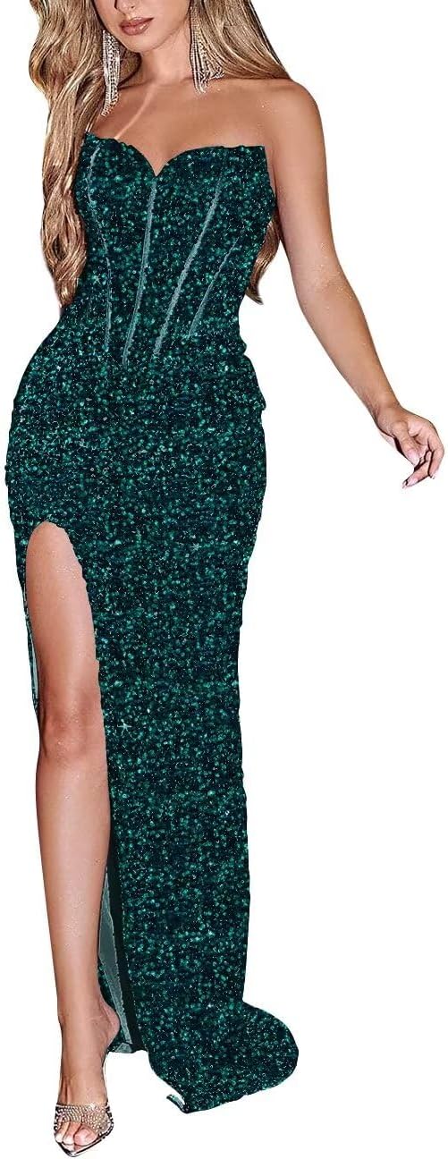 Sparkly Sequin Prom Dresses for Women 2025 Long Mermaid Strapless Glitter Formal Evening Prom Ball Gown with Slit