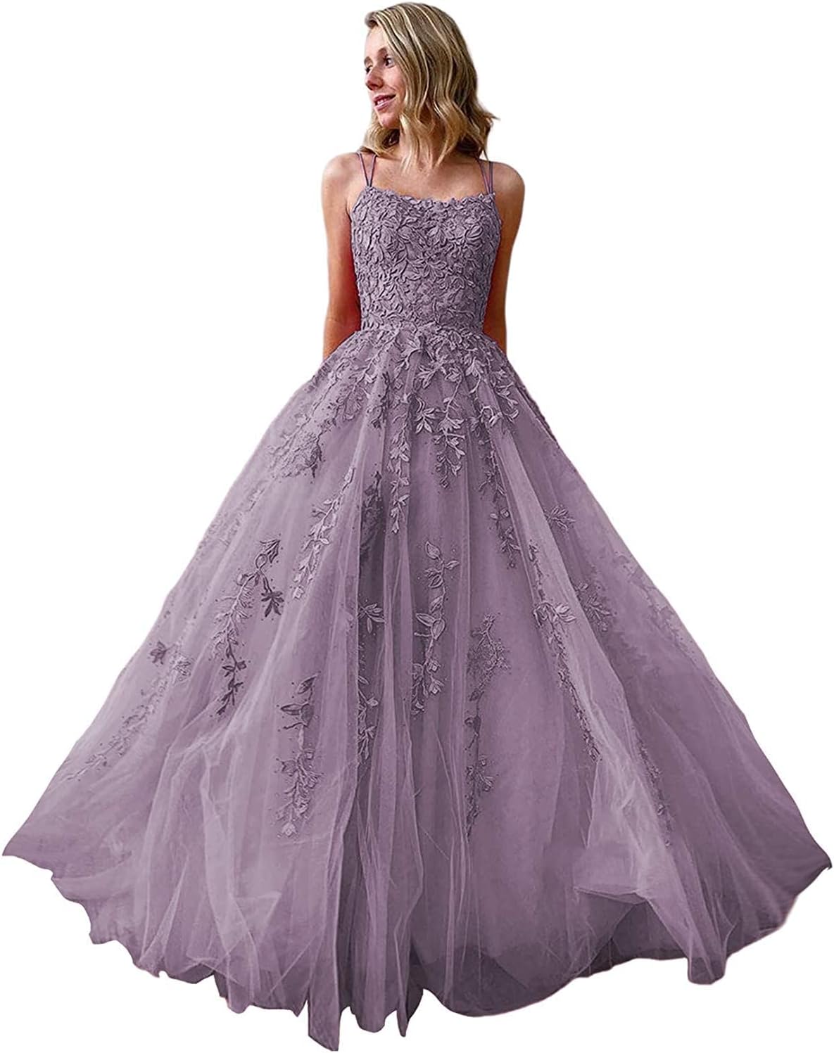 Ballkleider, langes Ballkleid für Damen, Spaghettiträger, Tüll, A-Linie, sexy, rückenfrei, formelle Partykleider mit Taschen 