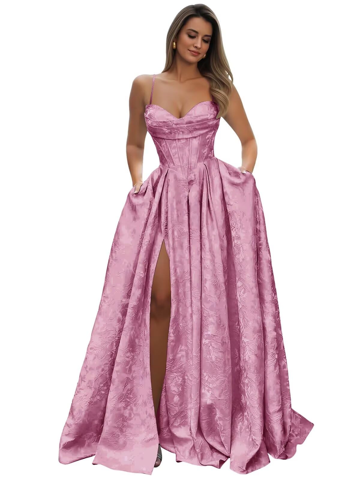 Satin Spaghetti Straps Prom Dresses for Women Jacquard Aline Backless Formal Evening Party Ball Gowns with Pockets