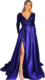 Vestido de fiesta de satén con lentejuelas brillantes para mujer, con bolsillos, manga larga y abertura. 
