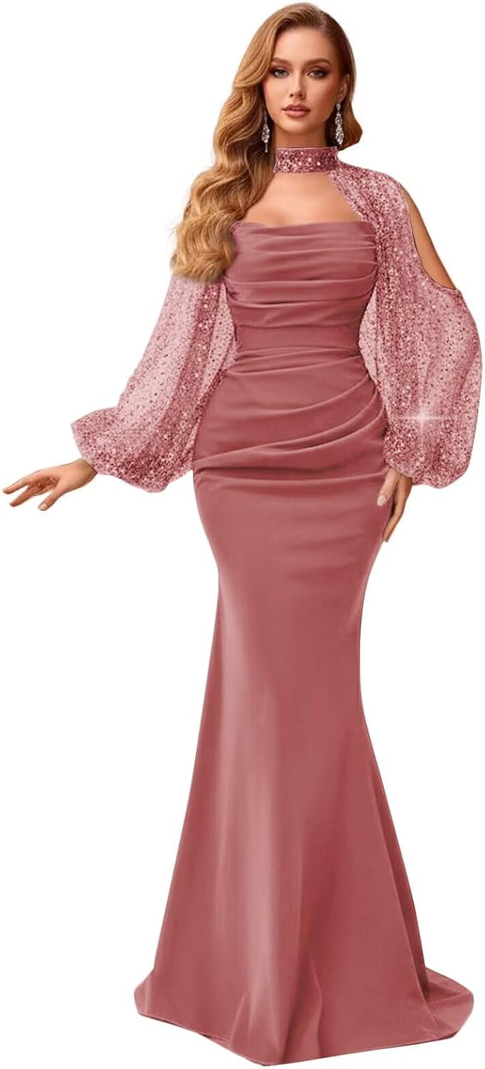 Kingbridal Gowns Long Sleeve Prom Dresses 2026 Mermaid Satin Formal Dress for Women Sparkly Sequin Halter Neck Evening Party Gowns