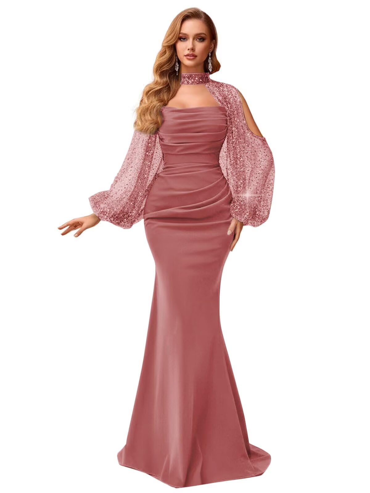 Kingbridal Gowns Long Sleeve Prom Dresses 2026 Mermaid Satin Formal Dress for Women Sparkly Sequin Halter Neck Evening Party Gowns