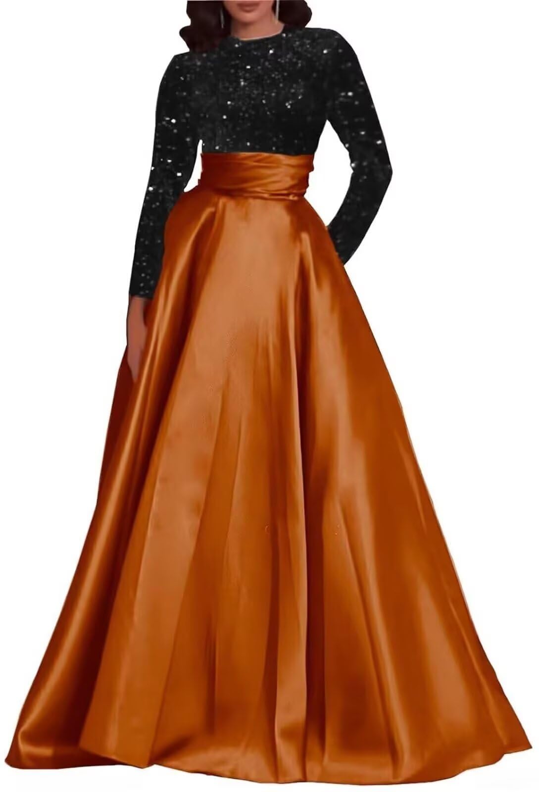 Kingbridal Gowns Long Sleeve Sequin Prom Dresses for Women Satin A-line Formal Dress 2026 Sparkly Evening Party Gowns with Pockets