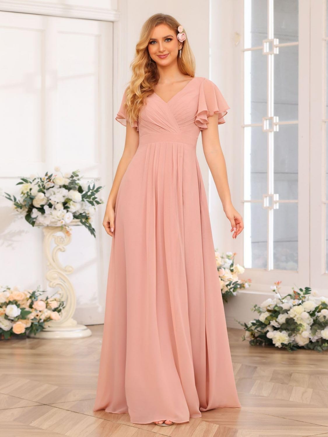 V Neck Bridesmaid Dresses for Women with Slit 2025 Flutter Sleeve Chiffon Pleats Formal Dress with Pockets