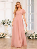 V Neck Bridesmaid Dresses for Women with Slit 2025 Flutter Sleeve Chiffon Pleats Formal Dress with Pockets